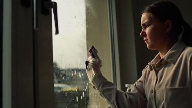 Genç bir kadın pencereyi özel bir kimyasal maddeyle temizliyor. Cam temizleyici ve mikrofiber kullanıyor..