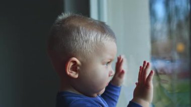 1 yaşında bir çocuk pencere pervazında dikiliyor ve pencereden dışarı bakıyor. Çocuk pencereden sokağa bakıyor..