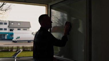 Pencere temizliği. Camları paspasla siliyorum. Bir adam evdeki bir paçavrayla pencereleri dikkatlice siler. Odada temizlik ve düzen var. Ev hanımı çalışıyor.