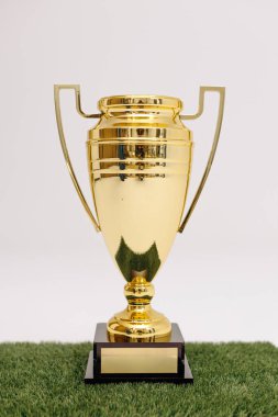 Parlak altın bir kupa parlak yeşil çimlere dayanır, başarıyı sembolize eder ve şampiyonları onurlandırır mükemmeliyet ve zafer arayışlarında dikkate değer başarılar elde ederler.