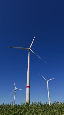 Mavi gökyüzü arka planında yel değirmenleri. Tarladaki güzel bulutlu gökyüzünde enerji üretimi için yel değirmeni çiftlikleri. Sürdürülebilir kalkınma için temiz yenilenebilir enerji üreten rüzgar türbinleri.