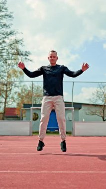 Açık hava parkında spor yapan genç bir atletik. Sağlıklı bir yaşam tarzı. Spor kıyafetli bir adam fiziksel egzersiz yapıyor..