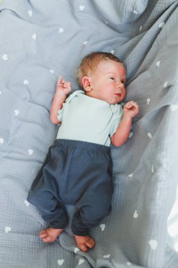 Değerli yeni doğmuş bir bebek, rahat, kalp desenli bir battaniyeye uzanır. Yumuşak giysiler giyer. Masumiyet ve cazibe saçar.