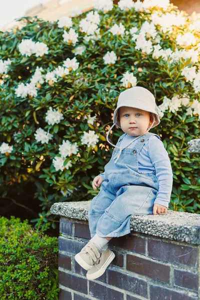 Geniş kenarlı şapkalı ve kot pantolonlu şirin bir bebek yeşil yapraklar ve çiçek açan çiçeklerle çevrili tuğla bir duvarda mutlu bir şekilde oturur.