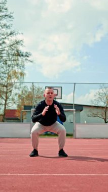 Oyun bahçesinde spor yapan yakışıklı bir sporcu. Aktif ve sağlıklı yaşam tarzı kavramları, açık havada eğitim..