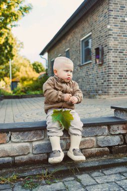 Sarı saçlı küçük bir çocuk yeşil bir yaprak tutarak taş basamaklarda oturuyor. Huzurlu atmosfer çocukluk keşiflerinin masumiyetini ve merakını vurgular.