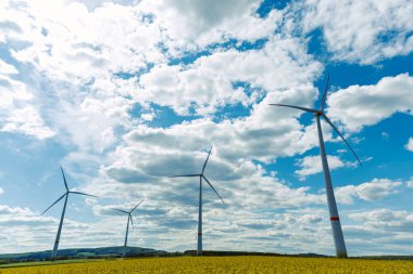 Yeşil bir alanda duran rüzgar türbinlerinden oluşan bir alan. Avrupa 'nın kırsalında bir yerlerde sarı bir tarlada rüzgar türbinleri var..