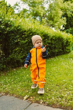Parlak turuncu bir yağmurluk giymiş şirin bir çocuk ve çiçek incelerken yemyeşil bir ortamda sakin bir gezinti yapıyor.