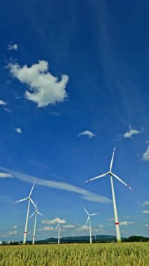 Türbin jeneratörleri mavi gökyüzü ve buğday tarlasına karşı. Rüzgar türbinleri bir alanın ortasında yenilenebilir elektrik üreterek çevreyi koruyor..