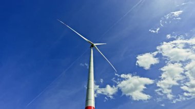 Tarlada olgunlaşan tahıllarla birlikte yeşil buğday başakları yel değirmenlerinin arka planında. Kırsal bölgedeki yel değirmenlerinin enerji üretimi. Yeşil buğday tarlasının olgunlaşması..