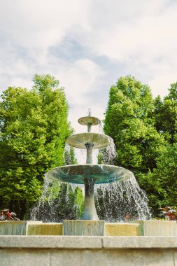 Canlı ağaçlar ve sakin bir atmosfer ile çerçevelenmiş huzurlu bir parkta şelale gibi akan üç katlı bir çeşme, rahatlama ve açık hava keyfi için mükemmel..