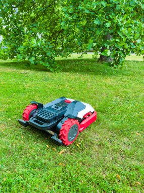 Modern bir robot çim biçme makinesi verimli bahçe bakımı için tasarlanmış canlı yeşil bir çimenlikte zahmetsizce yol alır.