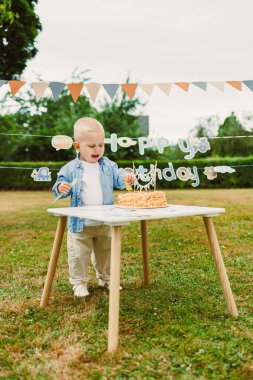 Neşeli bir çocuk, neşeli süslemeler ve yeşilliklerle çevrili açık hava partisinde renkli bir doğum günü pastasından zevk alır. Unutulmaz anlar ve anılar yaratır.