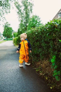 Neşeli bir turuncu yağmurluk giymiş genç bir çocuk hafif yağmurlu bir günde çevreleyen yeşil çitlerle çevrili güzel, dolambaçlı bir yolu zevkle keşfeder.