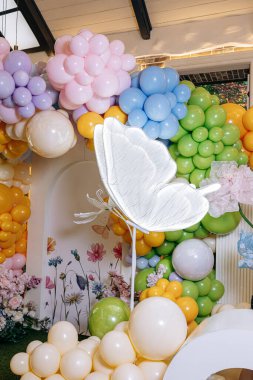 Pastel renkler ve tuhaf bir kelebek elementi içeren canlı balon süslemeleri partiler, bebek duşları ya da şenlik etkinlikleri için mükemmel.