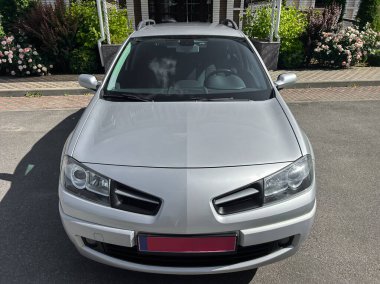 Güzel yeşil yapraklar ve renkli çiçeklerle çerçevelenmiş, sakin bir garaj yoluna park edilmiş şık gümüş renkli kompakt bir araba zarafet ve doğanın mükemmel bir kombinasyonunu sergiliyor..