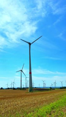 Mavi gökyüzünde dönen rüzgar türbinleri. Rüzgar türbinleri enerji üretiyor. Kırsalda bir yel değirmeni çiftliği var..