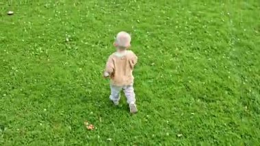 Parkta yeşil çimlerde koşan tişörtlü ve pantolonlu sevimli 2 yaşında bir çocuk. Sıcak bir yaz gününde yürüyüş yapan bir çocuk. Bebek yürüyüş sırasında eğleniyor ve gülümsüyor..