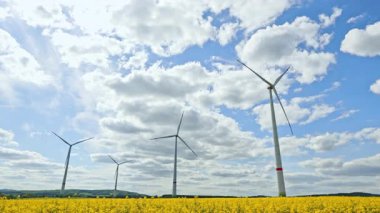Sahada elektrik üretimi için yel değirmenleri. Enerji üreten yel değirmenleri olan yeşil alan.
