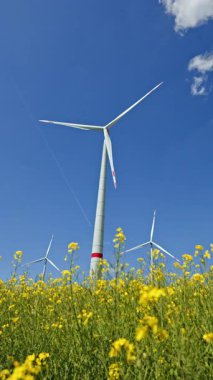 Yeşil alanda rüzgar türbini alanı. Mavi gökyüzü ve yeşil tarım arazisi olan rüzgar tarlası, Avrupa 'da da rüzgar türbini parkı..