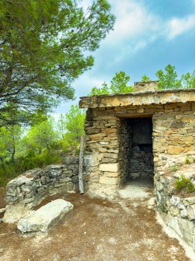 Berrak bir yamaçtaki canlı yeşil ağaçların arasında yıpranmış bir taş sığınak duruyor, berrak mavi gökyüzünün altında merakı ve keşfi davet ediyor, baharda doğanın güzelliğini yansıtıyor..