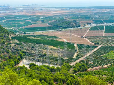 Geniş yeşil üzüm bağları ve meyve bahçeleri vadi boyunca uzanır ve ön planda elektrik hatları görülebilir. Parlak mavi gökyüzünün altında huzurlu bir manzara..