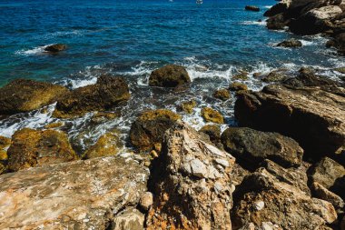 Dalgalar yıpranmış kayalara çarptıkça, okyanus üzerinde süzülen martılar güneşli bir günde deniz kenarındaki doğanın güzelliğini yakalar..