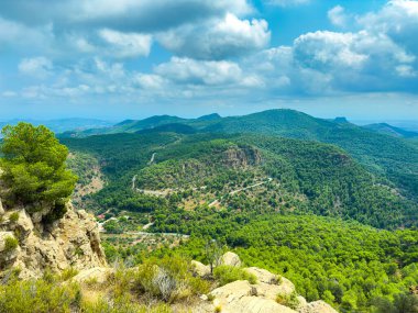 Ufuk boyunca uzanan yemyeşil dağlar parlak mavi gökyüzünün altında güneşleniyorlar. Kabarık bulutlar yukarıda süzülür, ağaçlar arasında huzurlu bir atmosfer yaratır..