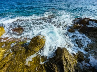 Güneşli bir öğleden sonra, dalgalar engebeli kayalara çarparak, beyaz köpüğü havaya gönderirken, mavi okyanusta güneş ışığı parıldar, huzurlu bir sahil manzarası yaratır..