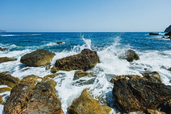Okyanus dalgaları dalgalanır ve karanlık kayaların üzerine düşer. Güneşli bir günde açık mavi gökyüzünün altında beyaz köpük püskürterek doğanın gücünü ve güzelliğini gözler önüne serer..