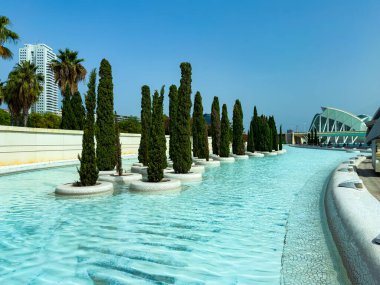 Uzun, ince selvi ağaçları parlak mavi sular boyunca zarif bir çizgi oluşturur. Arka plandaki modern mimari bu sakin rıhtım sahnesine biraz zarafet katıyor..