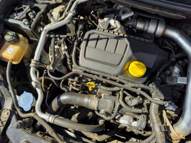 Hortumlar, sarı başlık ve sıvı kaplar gibi çeşitli kısımları vurgulayan bir araba motoru alanının ayrıntılı görüntüsü. Motor temiz görünüyor, iyi ışıklandırma tüm bileşenleri ortaya çıkarıyor..