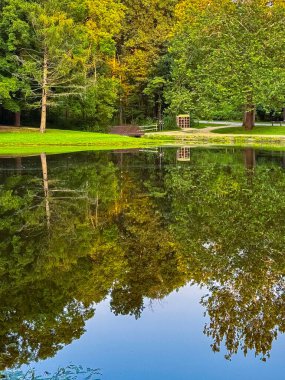 Uzun ağaçlar zengin altın ve yeşil yapraklar sergiliyor. Huzurlu bir park gölünün durgun sularında mükemmel bir şekilde yansıtılıyor. Ahşap bir çardak arka planda dinleniyor, misafirleri dinlenmeye ve doğanın tadını çıkarmaya davet ediyor..
