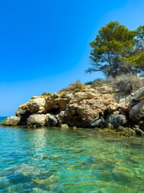 Güneş ışığı berrak sularda dans eder, altındaki canlı deniz yaşamını ortaya çıkarır. Yeşilliklerle bezenmiş kayalıklar görkemli bir şekilde yükseliyor ve sakin bir sahil kaçışı yaratıyor..