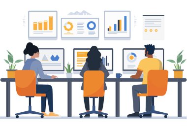 İş ve planlama şirketi. İş planı düz tasarım vektör çizimi olan ofis çalışanları. Başarı, afiş için takım çalışması kavramı