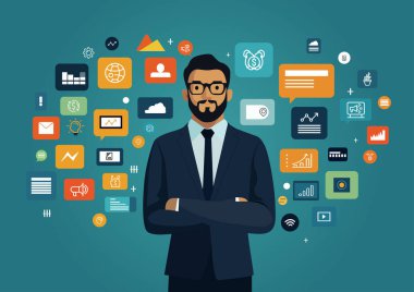 Business man with network icon.	