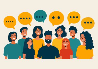 Konuşma baloncukları olan bir grup insan. Düz biçimli vektör illüstrasyonu