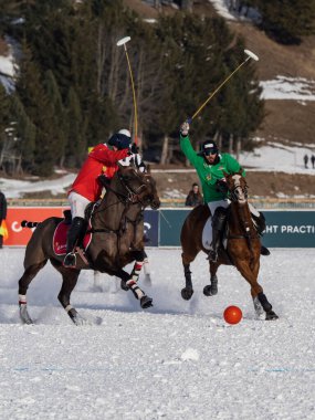 St. Moritz - January 29, 2023: Game actions at the Snow Polo World Cup St.Moritz 2023 finals