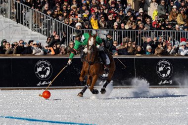 St. Moritz - January 29, 2023: Game actions at the Snow Polo World Cup St.Moritz 2023 finals
