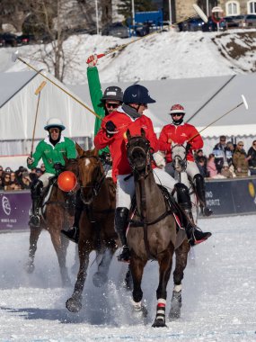 St. Moritz - January 29, 2023: Game actions at the Snow Polo World Cup St.Moritz 2023 finals