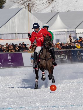 St. Moritz - January 29, 2023: Game actions at the Snow Polo World Cup St.Moritz 2023 finals
