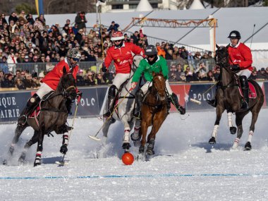 St. Moritz - January 29, 2023: Game actions at the Snow Polo World Cup St.Moritz 2023 finals