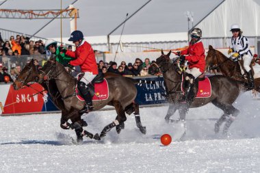 St. Moritz - January 29, 2023: Game actions at the Snow Polo World Cup St.Moritz 2023 finals