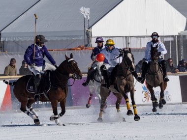 St. Moritz - January 29, 2023: Game actions at the Snow Polo World Cup St.Moritz 2023 finals
