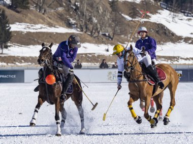 St. Moritz - January 29, 2023: Game actions at the Snow Polo World Cup St.Moritz 2023 finals