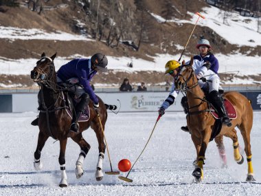 St. Moritz - January 29, 2023: Game actions at the Snow Polo World Cup St.Moritz 2023 finals