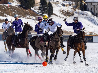 St. Moritz - January 29, 2023: Game actions at the Snow Polo World Cup St.Moritz 2023 finals