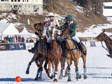 St. Moritz - January 29, 2023: Game actions at the Snow Polo World Cup St.Moritz 2023 finals