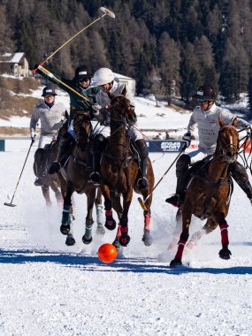 St. Moritz - January 29, 2023: Game actions at the Snow Polo World Cup St.Moritz 2023 finals