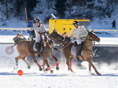 St. Moritz - January 29, 2023: Game actions at the Snow Polo World Cup St.Moritz 2023 finals
